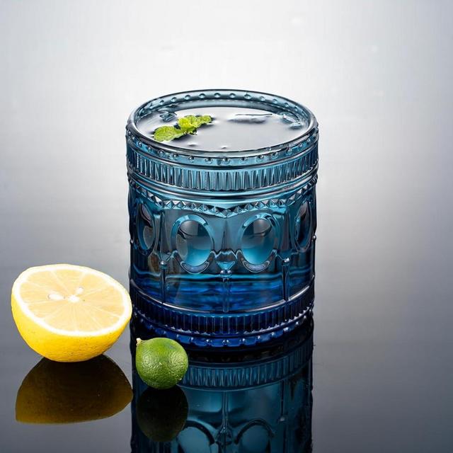 BiwhangCraft 6-pack Vintage Drinking Glasses, Indian style,14 oz Large Modern Glass Tumbler, Embossed Patten Double Old Fashion Glass, Ripple Glassware (Cornflower Blue)