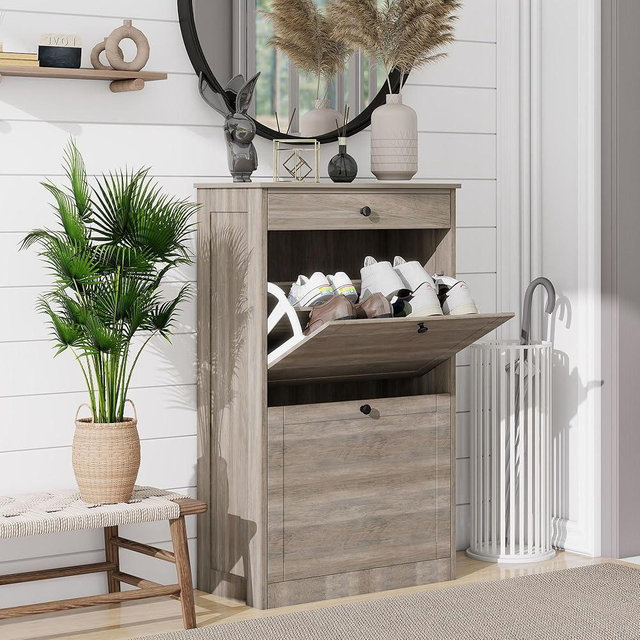 FTZxHKLX Shoe Cabinet with 2 Flip Drawers, Narrow Freestanding Shoe Storage Organizer, Slim Wooden Hidden Shoe Rack for Front Door Entrance, Closet, Hallway, Living Room, Rustic Gray