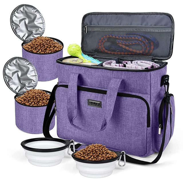 BAGLHER Dog Travel Bag, Airline Approved Pet Tote Organizer with Multi-Function Pockets,2X Food Storage Containers and 2X Collapsible Dog Bowls,Perfect Weekend Pet Travel Set for Dog, Cat Purple