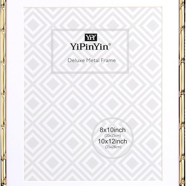 YiPinYin 10x12'' Gold Metal Bamboo Detail Picture Frame with Acid Free Mat for 8x10'', Elegant Narrow 8x10'' Gold Plated Photo Frames With Velvet Backing for Desktop and Wall Décor
