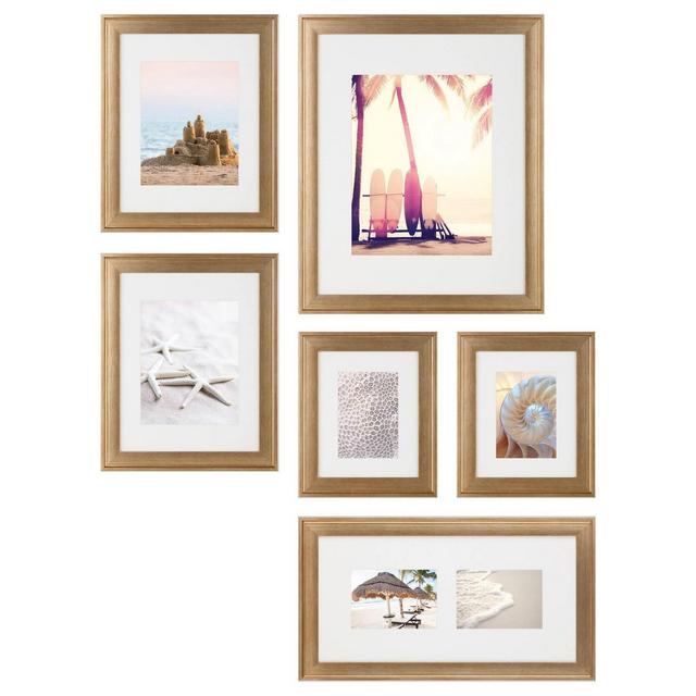 6pc Gallery Wall Picture Frame Set with Decorative Art Prints/Hanging Template Gold - Instapoints