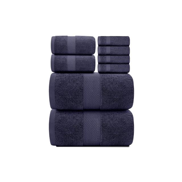 White Classic Luxury 100% Cotton 8 Piece Towel Set - 4x Washcloths, 2x Hand, and 2x Bath Towels - Navy