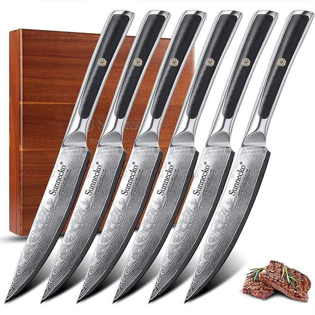 Sunnecko Damascus Steak Knives Set of 6 Non Serrated, Japanese VG10 Stainless Steel Steak knives Dishwasher Safe, 5 Inch Steak Knives G10 Handle with Acacia Wood Gift Box