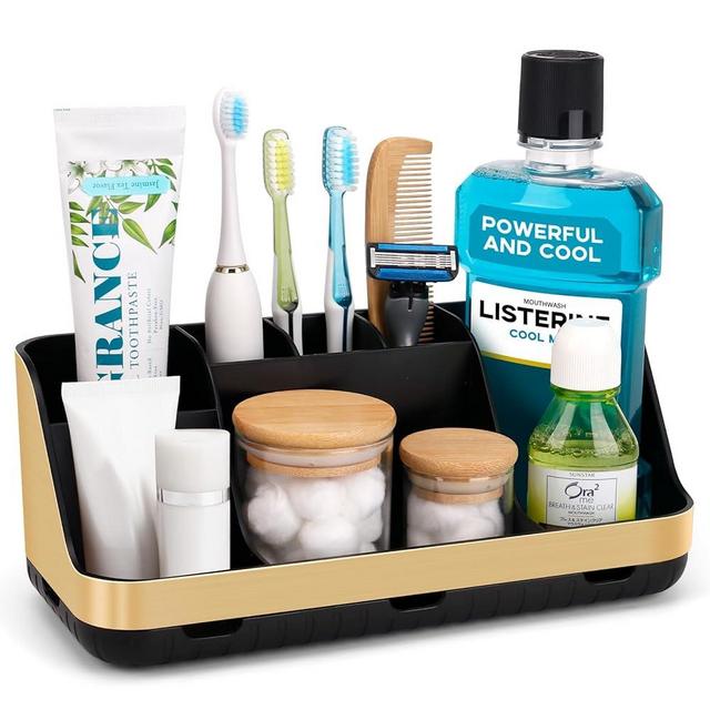 GFWARE Gold Toothbrush Holders for Bathrooms Countertop Organizer - Detachable 7 Slots Electric Toothbrush and Toothpaste Holder, Kids Organization and Storage, Restroom Accessories Vanity Stuff