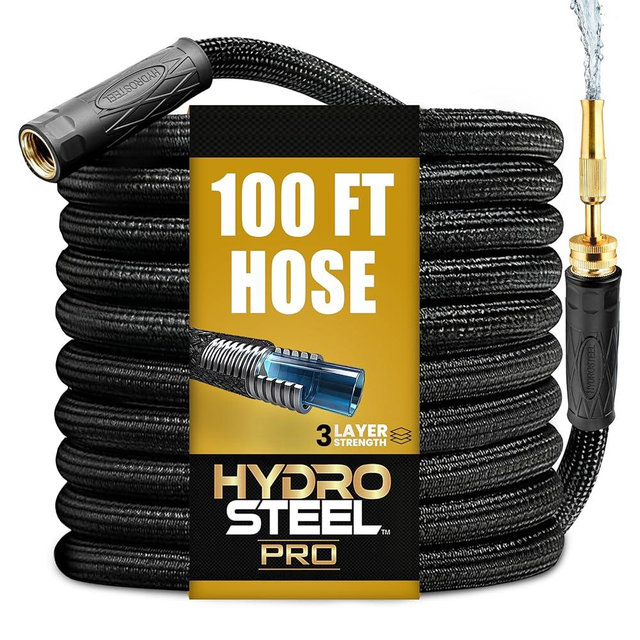 Hydrosteel 100 Ft Metal Garden Hose with Nozzle, Water Hose Made from Heavy Duty 304 Stainless Steel, Flexible, Lightweight, Brass Crush Resistant Fittings, Kink Free, 5/8” Inner Diameter, 600 PSI