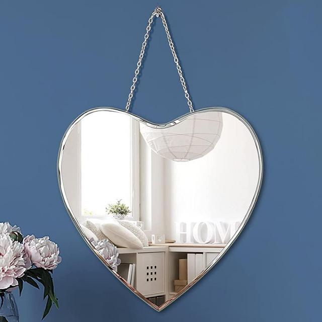 Qmdecor Heart Shaped Mirror with Iron Chain for Wall Decor 12x12 inch Wall Hang Real Glass Frameless Decorative Mirror Glam Mirror
