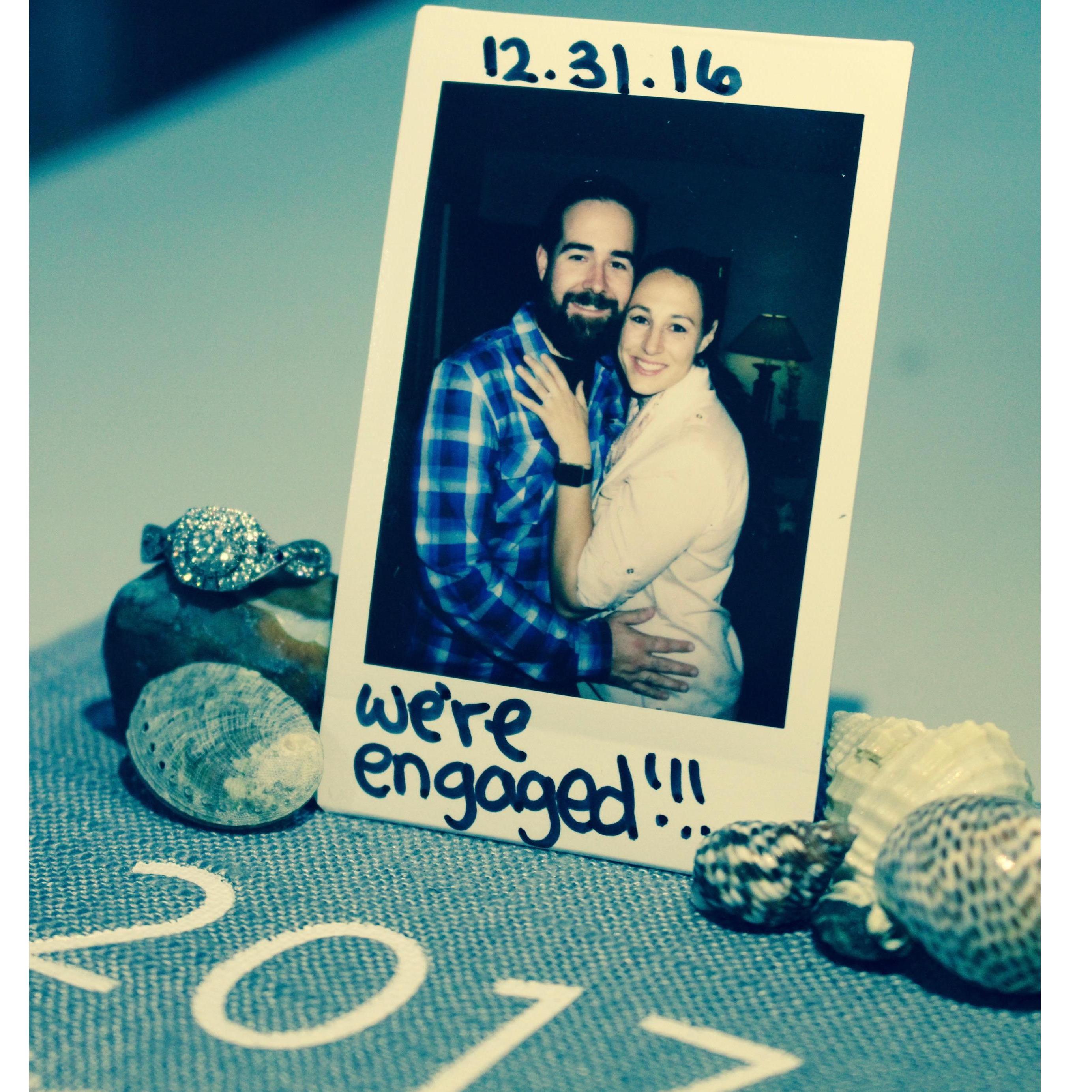 At the Santa Monica Pier, 5 minutes before midnight. Mike got down on one knee and proposed. He used my full name and I thought he was joking, until I saw the ring. I said YES! December 31st 2016.