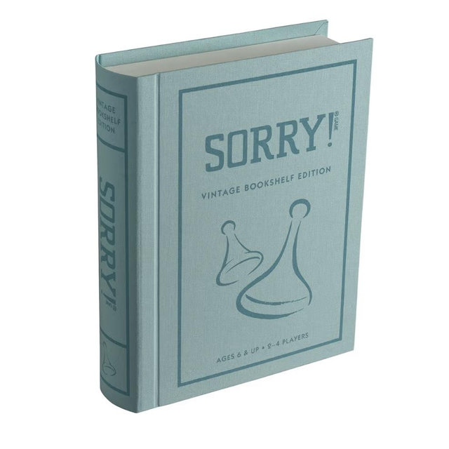 Sorry! Vintage Bookshelf Edition by WS Game Company - Classic Sorry Board Games Retro 1958 Design - Linen-Wrapped Book Case, Wooden Pawns & Full-Size Folding Board, Ages 6+, Suitable for 2-4 Players