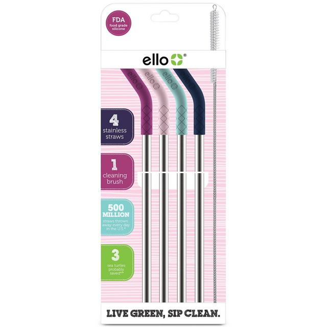 Ello Silicone-Tipped Reusable Stainless Steel Straw 4-pk. plus Wire Brush