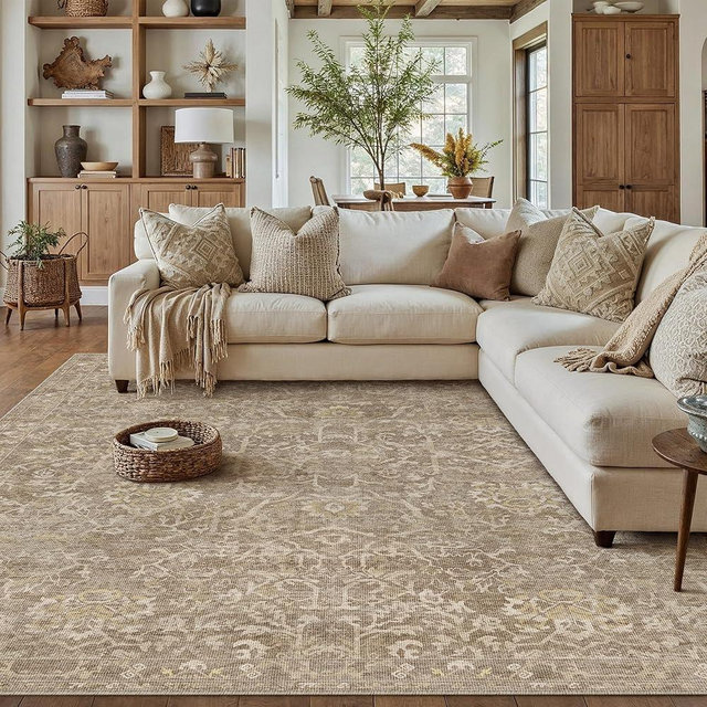 HUGEAR Area Rug 8x10 Light Brown Machine Washable Living Room Rugs Distressed Vintage Floral Vacuumable Low Pile Carpet Bedroom Office Dining Room Laundry Room Non Slip Soft Lightweight