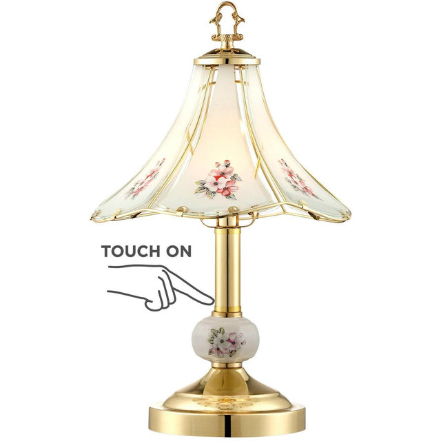 Regency Hill Traditional Accent Table Lamp 16" High Polished Brass Floral Glass Shade Touch On Off for Bedroom House Bedside Home
