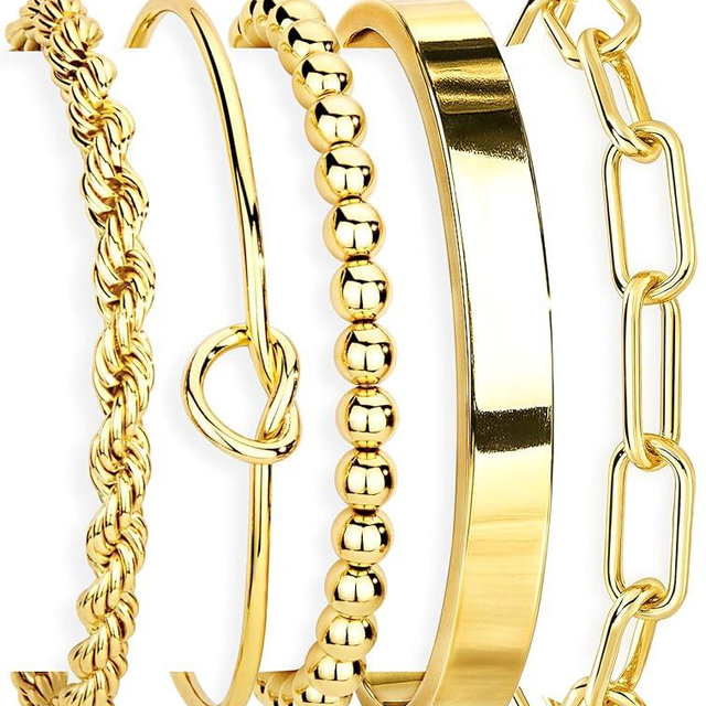 Gokeey Gold Bracelets Set for Women Non Tarnish, Waterproof 14K Gold Plated Sterling Silver Chunky Cuff Bracelet Stackable Gold Bangles Bracelet for Women Trendy Fashion Accessories Tie Knot Cuban Rope Paperclip Beaded Bracelet Stack Jewelry Mothers Day Gifts for Mom Birthday
