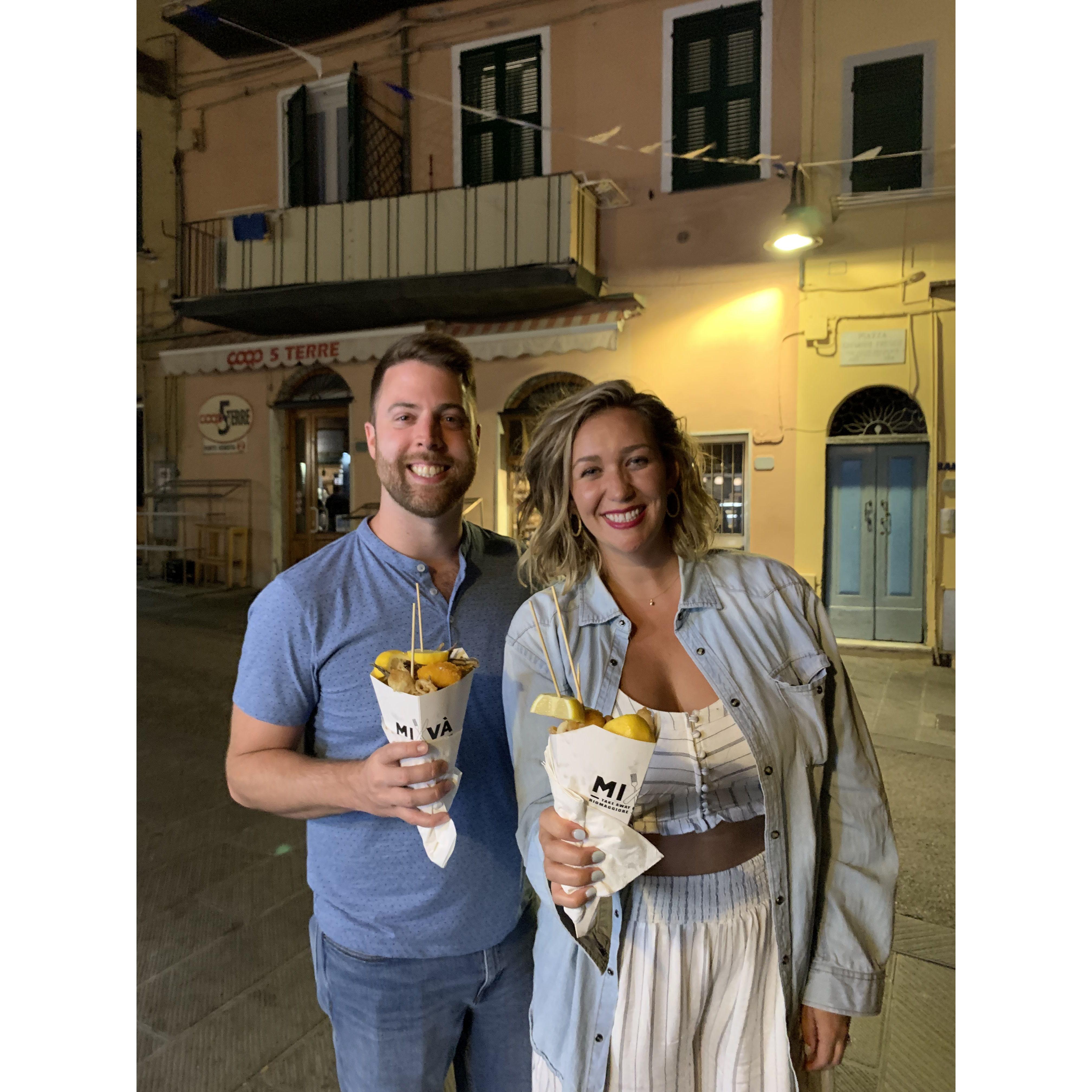 Andy and Maryann eating Seafood cups in Vernazza Italy - 9/2019