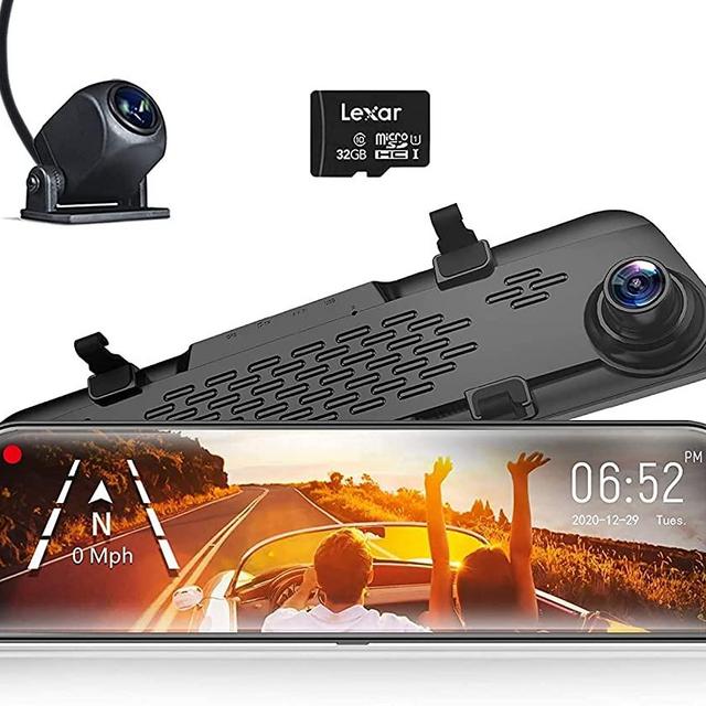 WOLFBOX 12“ Mirror Dash Cam Backup Camera,1296P Full HD Smart Rearview Mirror for Cars & Trucks, Sony IMX335 Front and Rear View Dual Lens, Night Vision, LDWS, Parking Assistance, Free 32GB Card & GPS