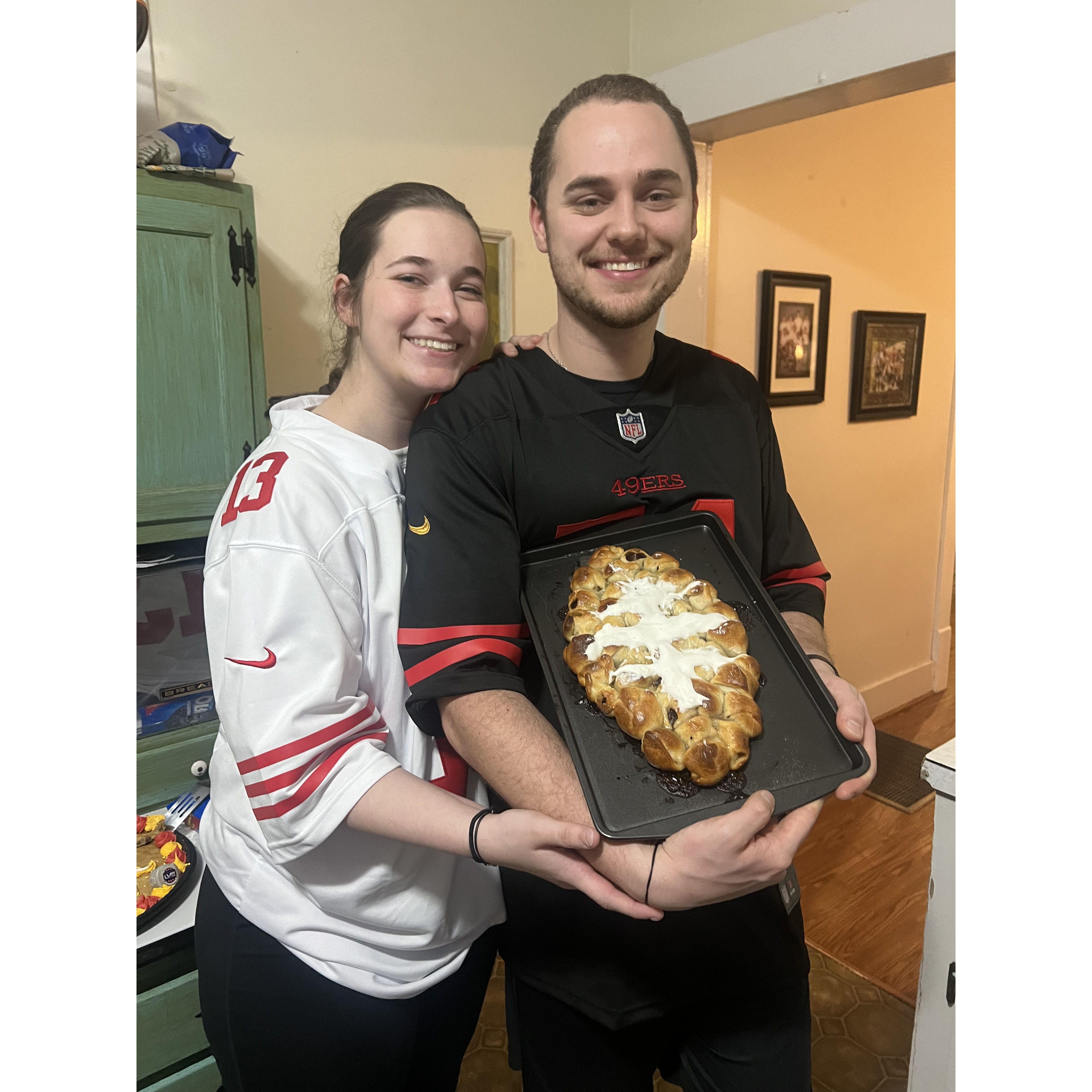 Caroline made Jonas a football dessert for the Superbowl, but the 49ers lost....