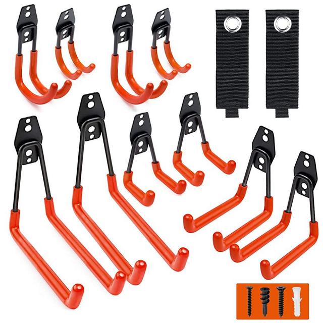 Garage Hooks, 12 Pack Wall Storage Hooks with 2 Extension Cord Storage Straps, Heavy Duty Tool Hangers for Utility Organizations, Wall Mount Holders for Garden Lawn Tools, Ladders, Bike (Orange)