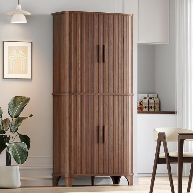 Decofy 69" Tall Kitchen Pantry Storage Cabinet with Sliding Door, Modern Curved Edge Pantry Storage Cabinet with 5 Shelves, Cupboard for the Kitchen, Dining Room, Bedroom, Living Room, Office (Walnut)