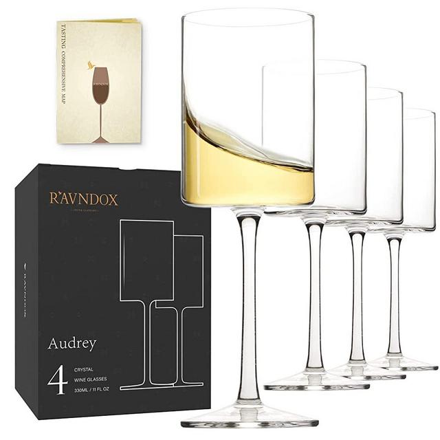 Square Wine Glasses, RAVNDOX WG3 Square White or Red Wine Glasses Set of 4, 11 Ounce Hand Blown Edge - Modern Flat Bottom - Unique Large for Wedding, Christmas, Birthday, Anniversary