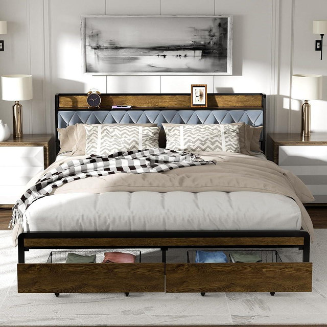 Sismplly King Size Metal Platform Bed Frame with 2 Storage Drawers & LED Light, Velvet Upholstered Shelf Headboard with Built-in Charging Ports, No Box Spring Needed, Vintage Brown