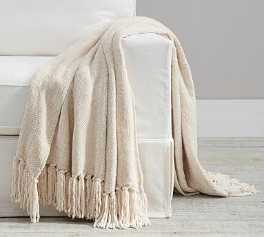 Chenille Hand-Knotted Fringe Throw, 50 x 60", Ivory