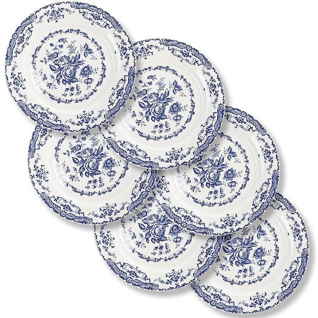 HomeElves Dinner Plates Set of 6, White Plates, Ceramic Kitchen Plates Microwave Safe Plates, 10.5 Inch Blue Plates Floral Plates Porcelain Dinner Plates