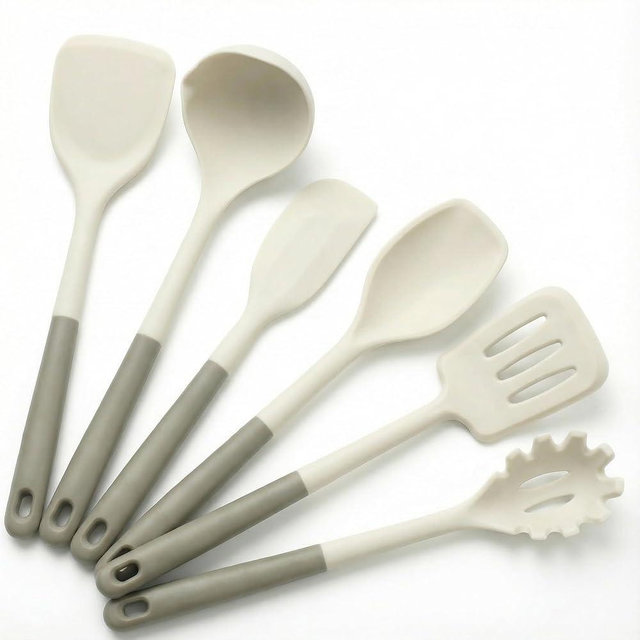 Nexhank Silicone Kitchen Utensils Set, 6-Piece NON-PLASTIC 500°F Heat-Resistant BPA-Free Dishwasher Safe Cooking Tools with Upgraded Spatula,Turner Ladle Skimmer Pasta Fork Scraper, Cream White &Mocha