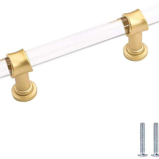 10 Pack Peaha Acrylic Drawer Pulls Brass Cabinet Pulls - PH 9165GD102 Kitchen Cabinet Pulls Brushed Brass Cabinet Hardware 4in Hole Center, 6-2/5 Inch Overall Length