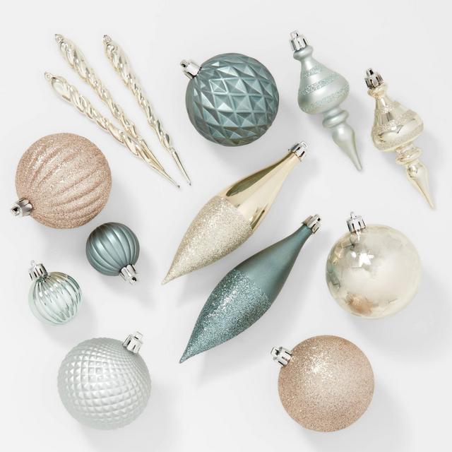 40ct Plastic Finial Christmas Tree Ornament Set Pale Teal/Gold/Slate - Wondershop™