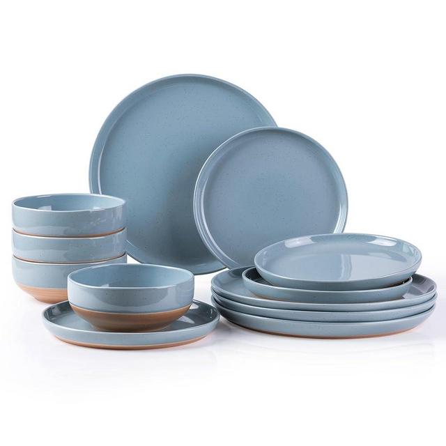 AmorArc Ceramic Dinnerware Sets for 4, 12 Pieces Handpainted Plates and Bowls Set with Wavy Rim, Scratch Resistant Stoneware Dishes Set, Dishwasher & Microwave Safe, Fog Blue