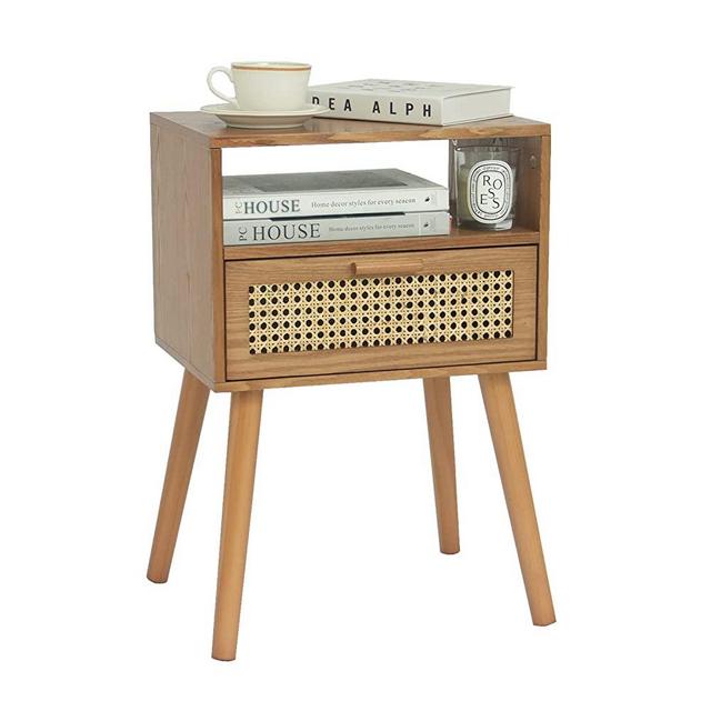 MaxSmeo Rattan Nightstand with Drawer, Small Nightstand Bedside Table, Rattan Side Tables Bedroom Mid Century Modern Nightstand for Living Room and Small Spaces,(Brown)