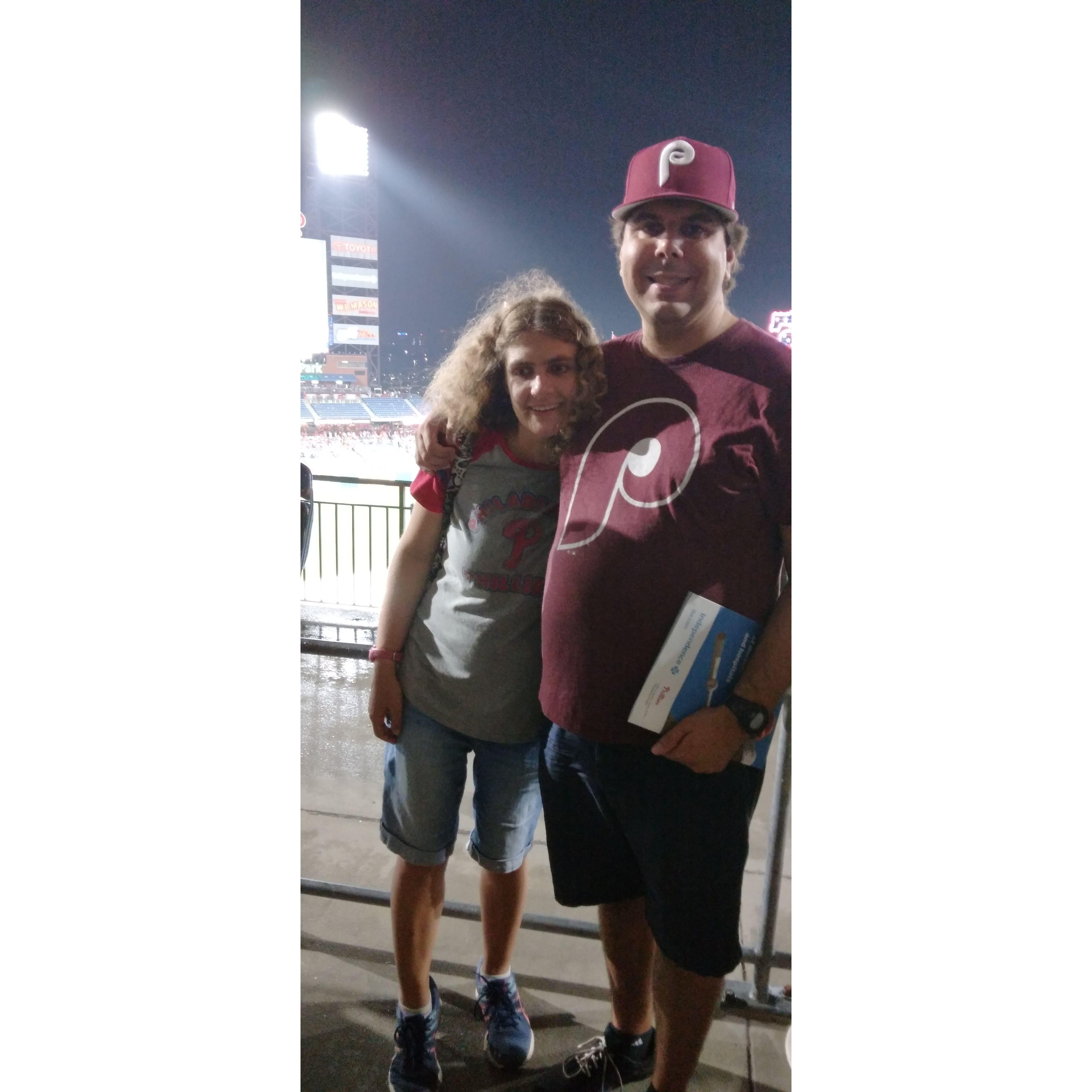 Waiting out a rain delay at a Phillies game on Matt's Birthday.