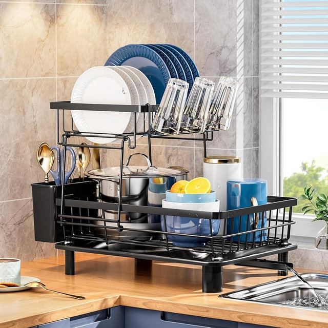 GAOKASE 2 Tiers Dish Drying Rack, Space-Saving Dish Racks for Kitchen Counter, Dish Drainer Drying Rack with Drainboard, Utensil Holder Cups Holder Plate Rack and Automatic Drainage Drainboard, Black