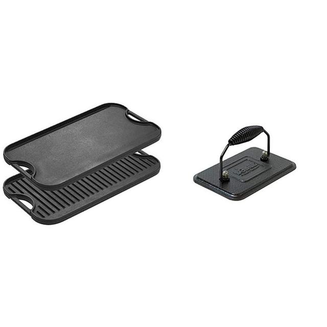 Lodge Pre-Seasoned Cast Iron Reversible Grill/Griddle With Handles, 20 Inch x 10.5 Inch & Pre-Seasoned Cast Iron Grill Press With Cool-grip Spiral Handle, 4.5 inch X 6.75 inch, Black