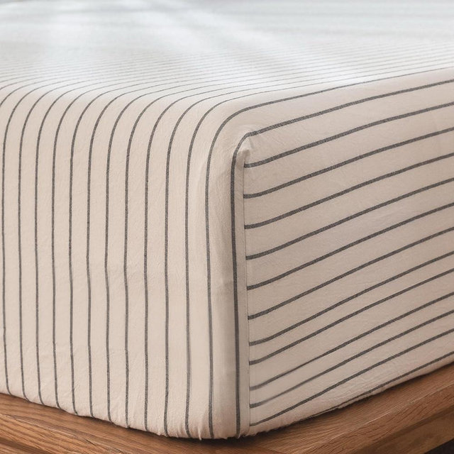 MooMee Fitted Bottom Sheet Only 100% Washed Cotton Linen Like Textured Breathable Durable Soft Comfy Deep Pocket Fits Mattress up to 17" (White Dark Grey Wide Stripes, King)