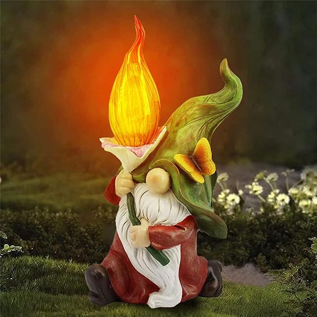 Garden Gnome Statue Outdoor Decor, Garden Statues, Resin Gnome Figurine Holding Bright Solar-Powered Light Up Glass Orb, Spring Summer Sculpture Ornaments for Patio Yard Lawn Pond (MHQX1210427MC03)