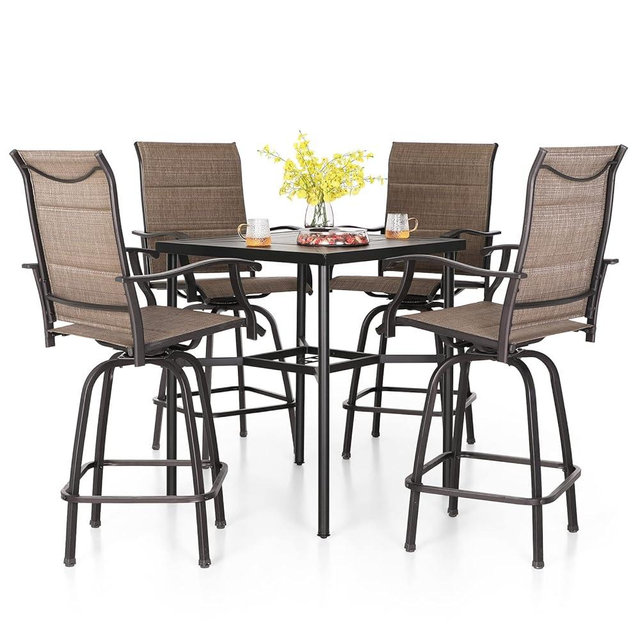 PHI VILLA 5 Piece Patio Bar Set, High Top Outdoor Table and Chairs for 4 with Swivel Padded Bar Stools Outside and Square Metal Bar Bistro Table for Garden, Deck and Poolside