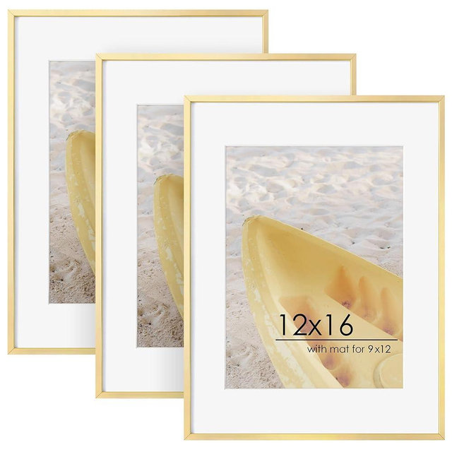 FLYJOE 12x16 Metal Picture Frame For Wall With Mat For 9x12, 12''x16'' Aluminum Certificate Document Frames With Tempered Glass, Minimalist Modern Poster Frame Horizontally Vertically Set of 3, Gold
