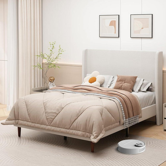 YJNKU Queen Size Platform Bed Frame,Upholstered Bed Frame with Wing Side Headboard,Chenille Fabric,Strong Wooden Slat Support, No Box Spring Needed, Easy Assembly, Noise-Free,50.78" High,Light Beige