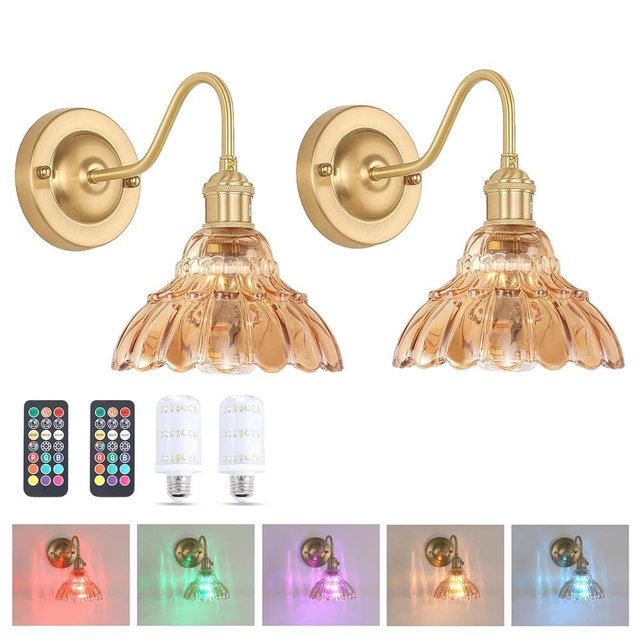 Shenmoyl Battery Operated Wall Sconce Set of 2, Vintage Rechargeable Wall Lights with Amber Lily Glass Shade, Wireless Indoor Wall Lamp with Remote for Bedroom Living Room Bathroom