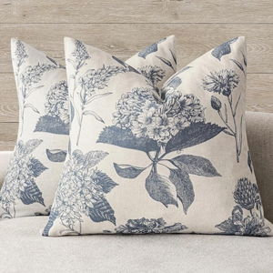 Set of 2 Aegean Blue Linen Floral Vintage Throw Pillow Covers