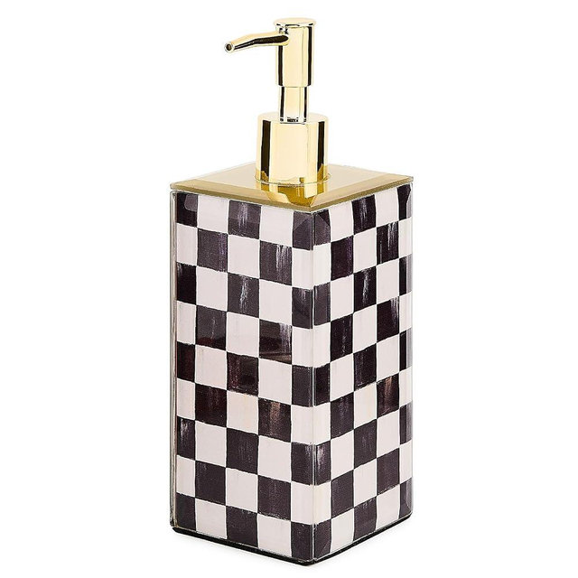 MACKENZIE-CHILDS Glass Soap Pump, Liquid Soap Dispenser, Black-and-White Courtly Check