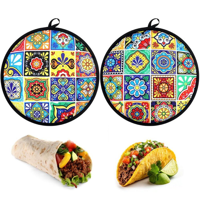 Honeydak 2 Pcs 12 Inch Tortilla Warmer Pouch, Colorful Mexican Tiles Talavera Pattern Microwavable Insulated Cloth Pouch for Tortillas, Tacos, Naan, and Pizza Rolls