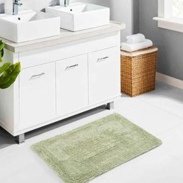 COTTON CRAFT Luxurious Bath Mat Rug - Set of 2 Reversible Heavyweight Step Out Bath Mats for Bathroom Floor, Tub and Shower - Pure Cotton Soft Plush Absorbent Tufted Racetrack Mat - 17x24 - Sage Green
