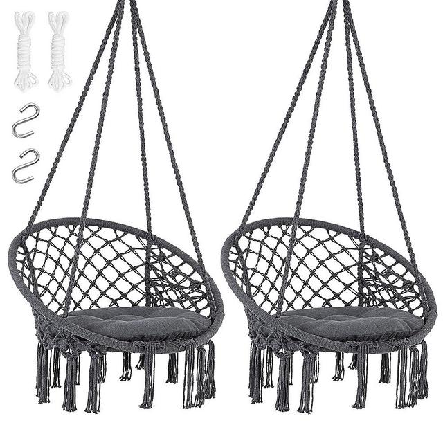 SUNCREAT Hanging Macrame Swing with Cushion and Hardware Kits, Max 330 Lbs, Handmade Knitted Mesh Rope Swing Chair for Indoor, Outdoor, Bedroom, Patio, Yard, Deck, Garden, Pack of 2, Grey