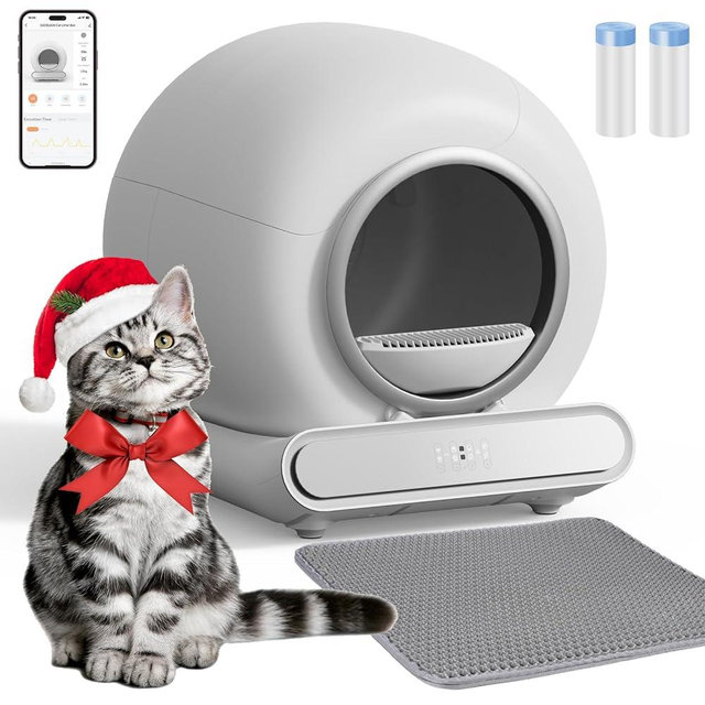 Giosuan Self Cleaning Cat Litter Box, Smart Automatic Cat Litter Box with Safety Protection/65L+9L Large Capacity/APP Control/Anti-Pinch for Multiple Cats - Light Gray