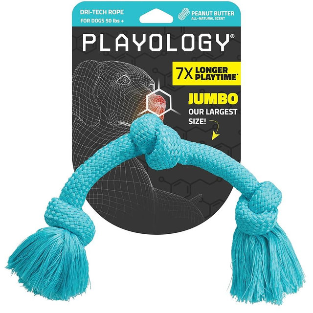 Playology Dri Tech Rope Dog Chew Toy for Large to X-Large Dogs 50lbs & up | Engaging, All-Natural Peanut Butter Scented Blue Toy for Tough Chewers | Easy to Clean | Interactive and Non-Toxic