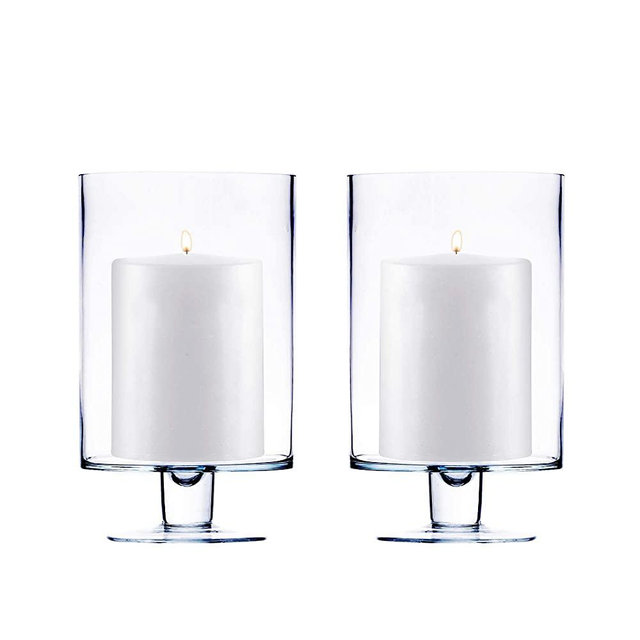 CYS EXCEL Glass Hurricane Pillar Candle Holders (H:10" W:6", Pack of 2) | Multiple Size Choices Short Stem Candle Jars | Stemmed Glass Cylinder Candle Vase
