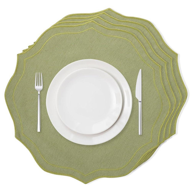 Set of 4 Sage Green Cotton Linen Placemats, 15 inch Scalloped Cloth Table Mats Decorative Table Mats for Wedding Baby Shower Banuet Party Holiday Table Decor
