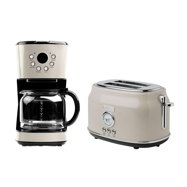 Haden Retro Style 12 Cup Programmable Home Coffee Maker Machine with Carafe and Wide Slot Stainless Steel Retro 2-Slice Toaster, Putty Beige