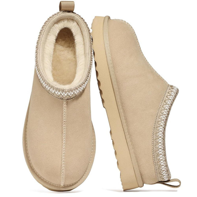 bebealy Genuine Suede Fuzzy Slippers for Women Winter Warm House Shoes Cozy Mini Boots for Indoor Outdoor